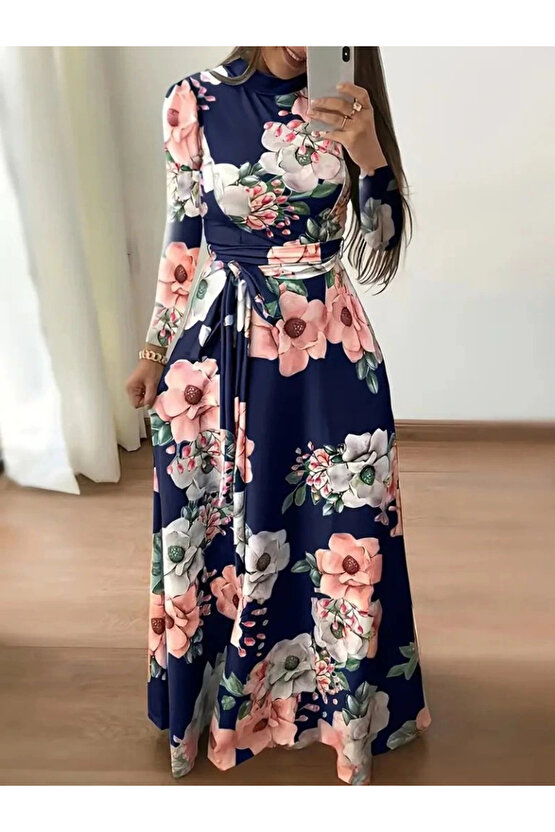 Kadın Uzun Kollu Yuvarlak Yakalı Beli Kuşaklı Desenli Süprem Uzun Elbise