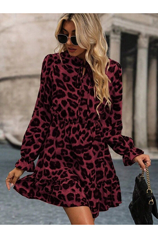 Kadın Uzun Kollu Yakadan Bağcıklı Modal Leopar Desenli Mini Elbise