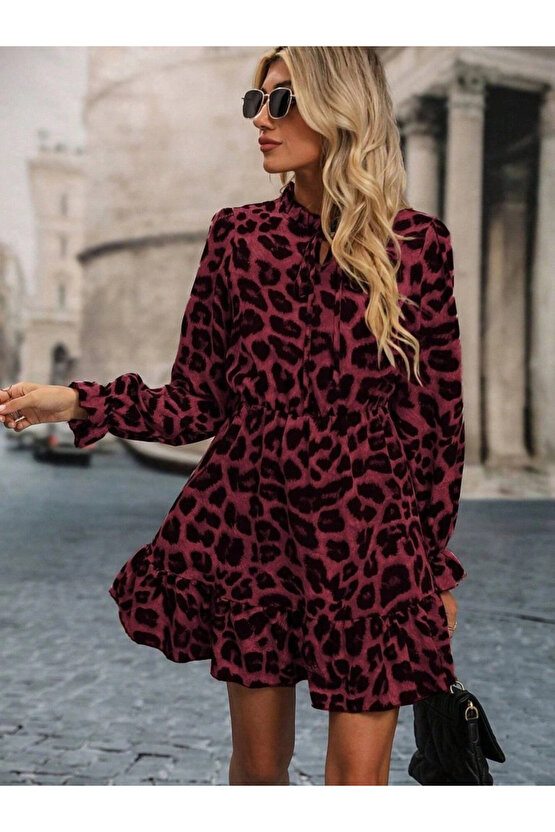 Kadın Uzun Kollu Yakadan Bağcıklı Modal Leopar Desenli Mini Elbise
