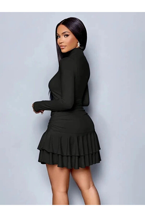 Kadın Uzun Kollu Balıkçı Yaka Mini Fırfırlı Sandy Elbise