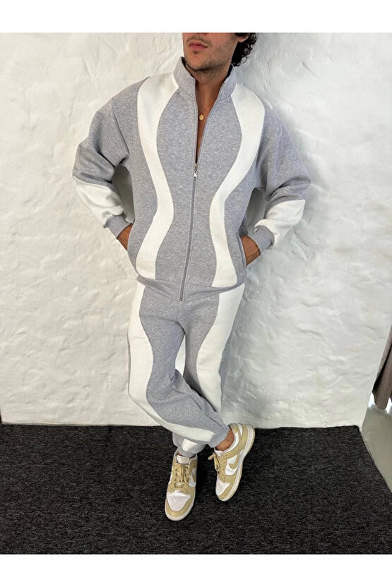 EQURİ Erkek Premium Parçalı Eşofman Takım - Dik Yaka Fermuarlı Sweatshirt, - Gri