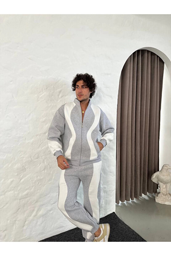 EQURİ Erkek Premium Parçalı Eşofman Takım - Dik Yaka Fermuarlı Sweatshirt, - Gri