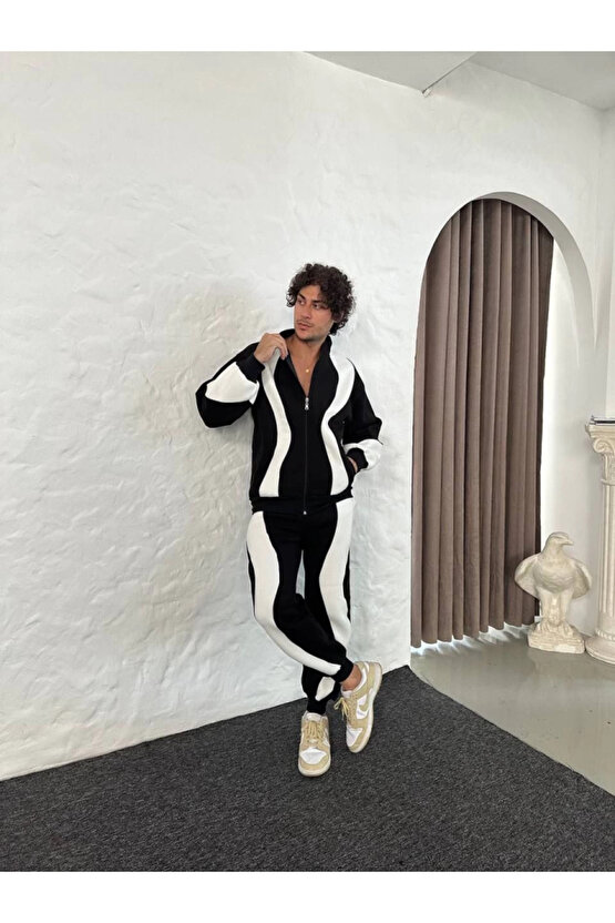 EQURİ Erkek Premium Parçalı Eşofman Takım - Dik Yaka Fermuarlı Sweatshirt, - Siyah