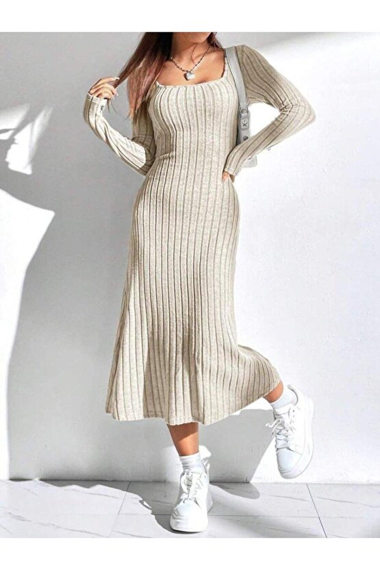 Kadın Uzun Kollu Kare Yaka Midi Kaşkorse Elbise