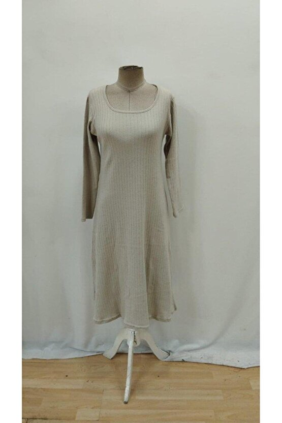 Kadın Uzun Kollu Kare Yaka Midi Kaşkorse Elbise