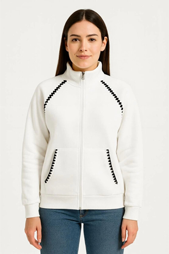 MDB Oversize Dik Yaka Fermuarlı weatshirt Zincir Nakışli Kanguru Cepli, Beyaz