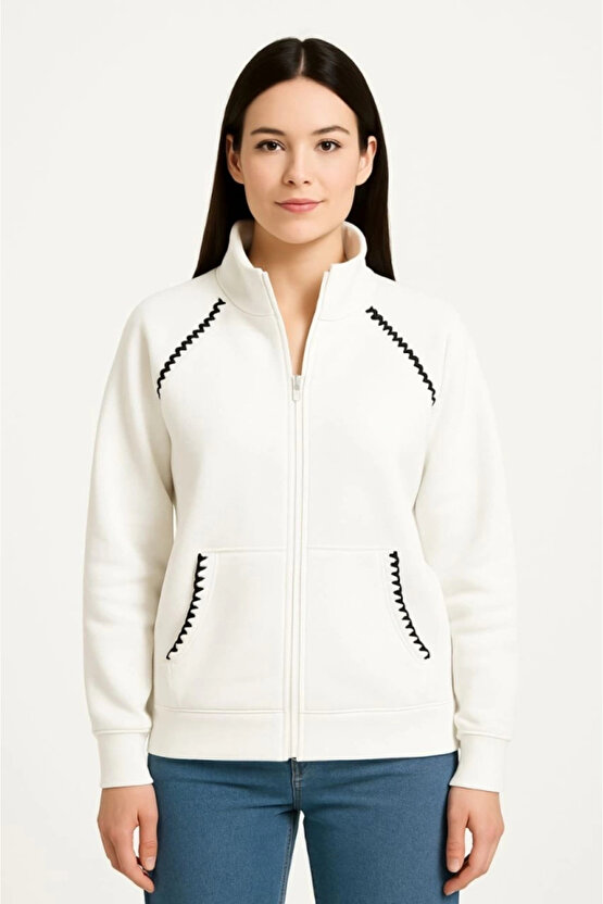 MDB Oversize Dik Yaka Fermuarlı weatshirt Zincir Nakışli Kanguru Cepli, Beyaz