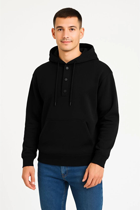 EQURİ Erkek Ovarsize Kapüşonlu Swetshirt Kanguru Çepli Cıtcıtlı 3 Iplik Şardonlu Hoodie - Siyah