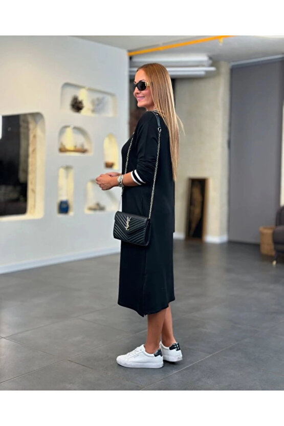 Kadın Uzun Kollu V Ribana Yakalı Yanlardan Yırtmaçlı Midi Viskon Iki Iplik Elbise