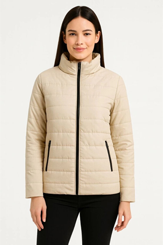 Bomber Mont Ceket – Su İtici Kumaş, Kapitone Astarlı, Fermuarlı, - Bej