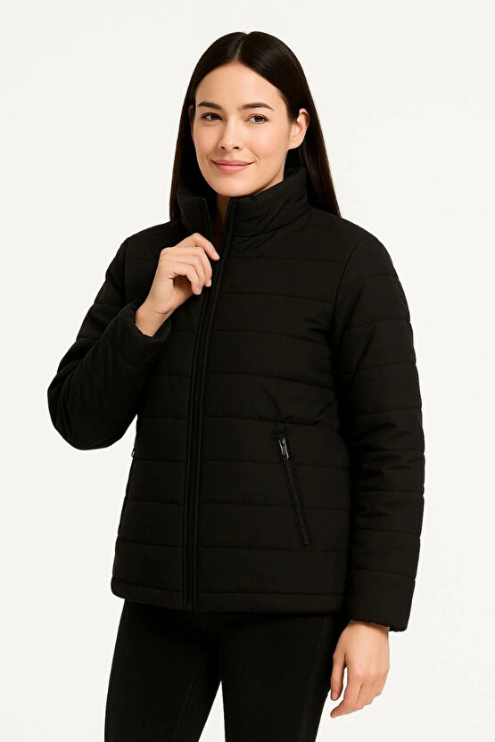 Kadın Bomber Mont Ceket – Su İtici Kumaş, Kapitone Astarlı, Fermuarlı, Kışlık - Siyah