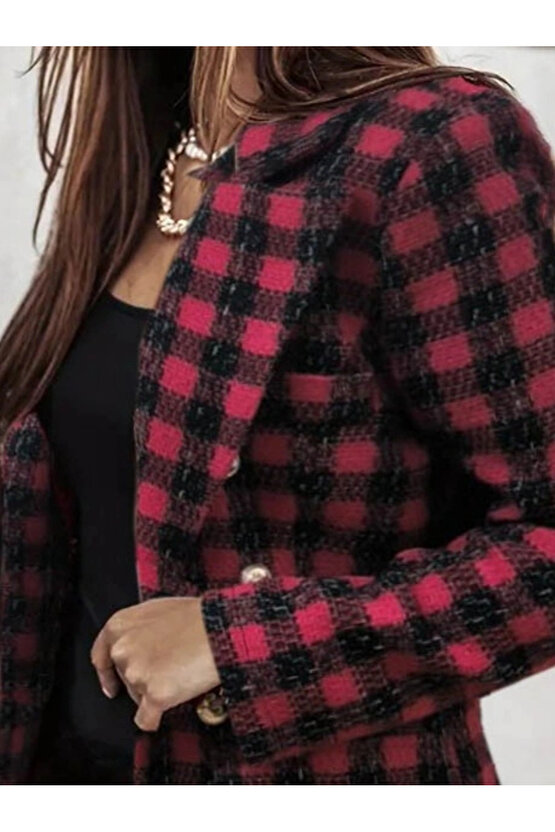 Kadın Uzun Kollu Yakalı Kare Desenli Ekoseli Düğmeli Ceket