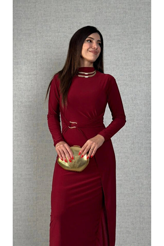 Kadın Balıkçı Yaka Toka Detay Sandy Kumaş Midi Boy Elbise