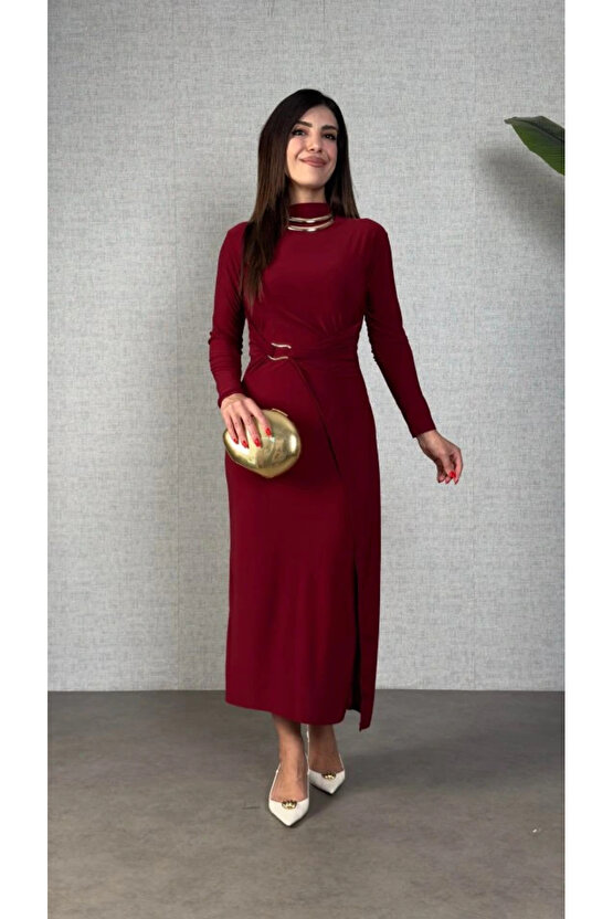 Kadın Balıkçı Yaka Toka Detay Sandy Kumaş Midi Boy Elbise