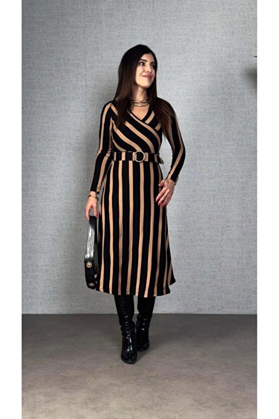Kadın Uzun Kollu Kruvaze Yaka Kemer Dahil çizgili Triko Elbise