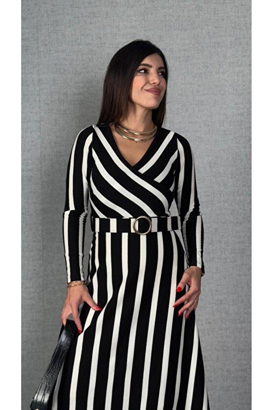 Kadın Uzun Kollu Kruvaze Yaka Kemer Dahil çizgili Triko Elbise