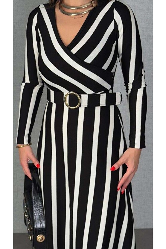 Kadın Uzun Kollu Kruvaze Yaka Kemer Dahil çizgili Triko Elbise
