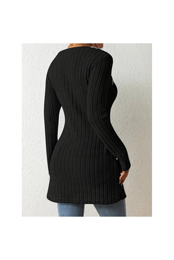 Kadın Uzun Kollu Derin Kare Yaka Düğme Detay şardonlu Kaşkorse Kruvaze Bluz