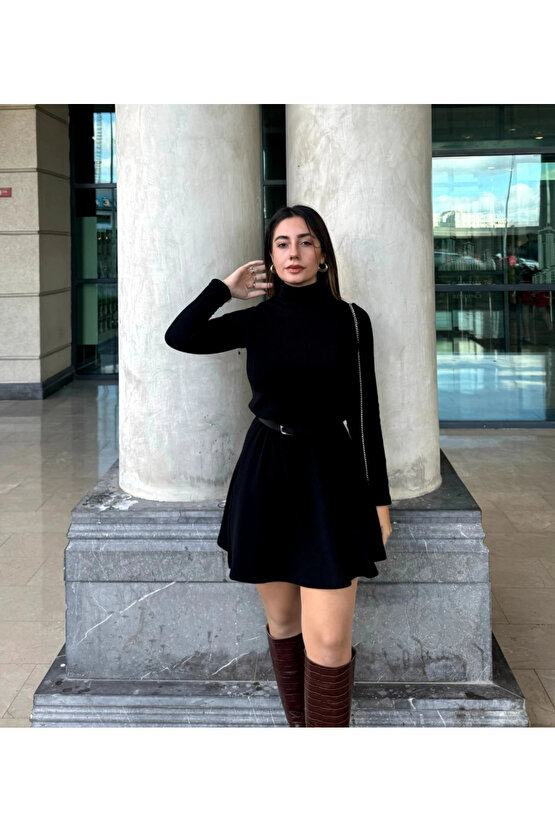 Kadın Uzun Kollu Balıkçı Yaka Salaş Kusa Akrilik Elbise