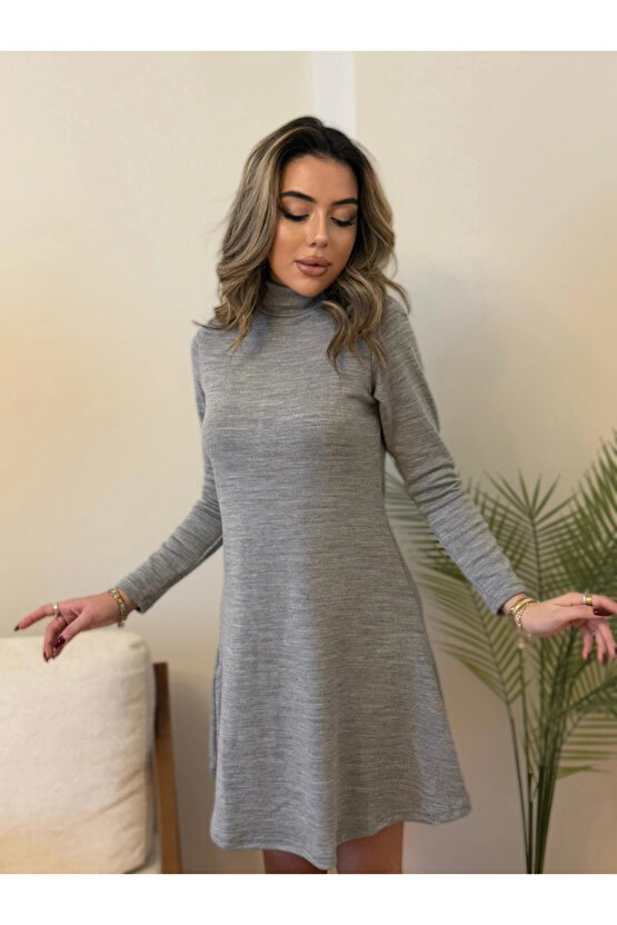 Kadın Uzun Kollu Balıkçı Yaka Salaş Kusa Akrilik Elbise