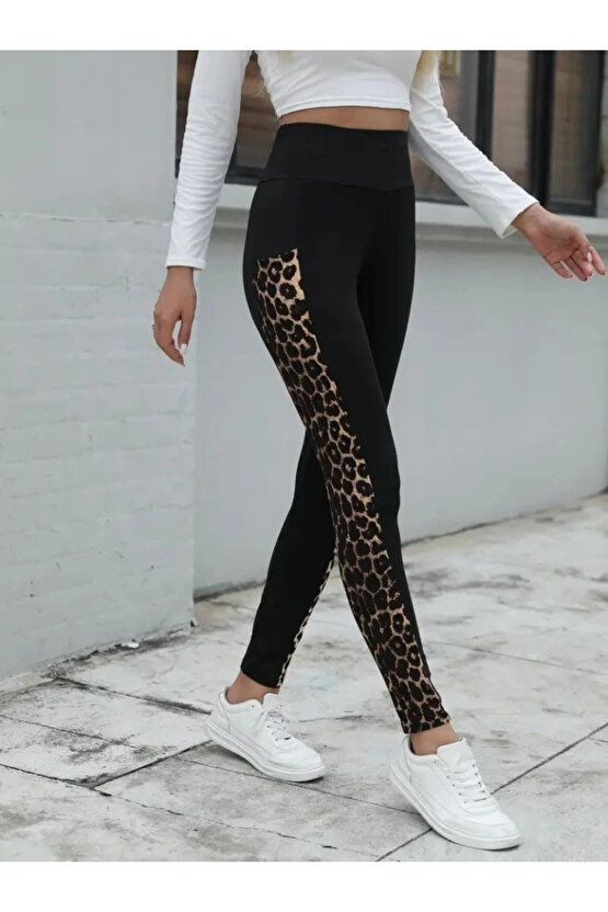 EQURİ Kadın Yüksek Bel Leopar Desen Ve Cep Detaylı Dalgıç Tayt