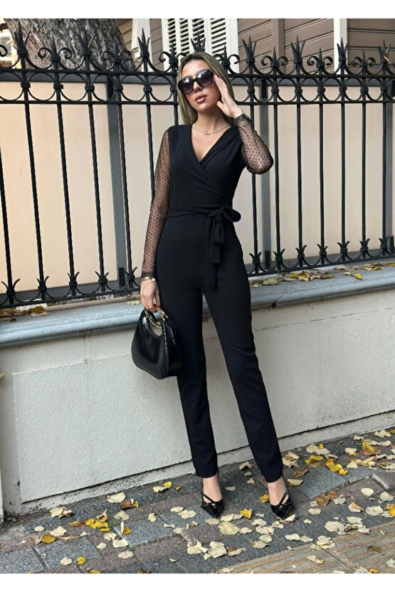 Kadın Uzun Kollu Kruvaze Yakalı Kolları Tül Detay Beli Kuşaklı Ithal Krep Tulum