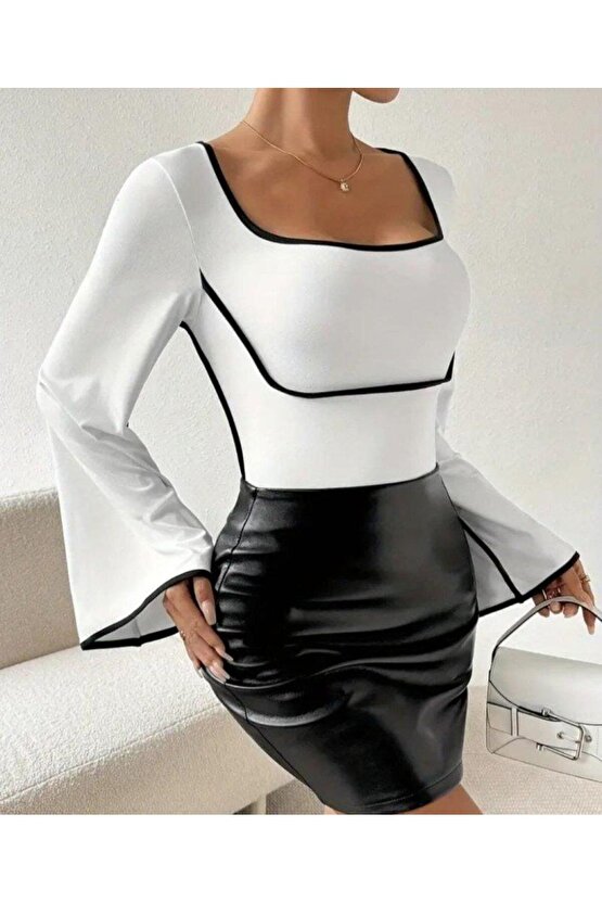 Kadın U Yaka Siyah şerit Detyalı Yarasa Kol Dalgıç Kumaş Arabiyeli Bluz