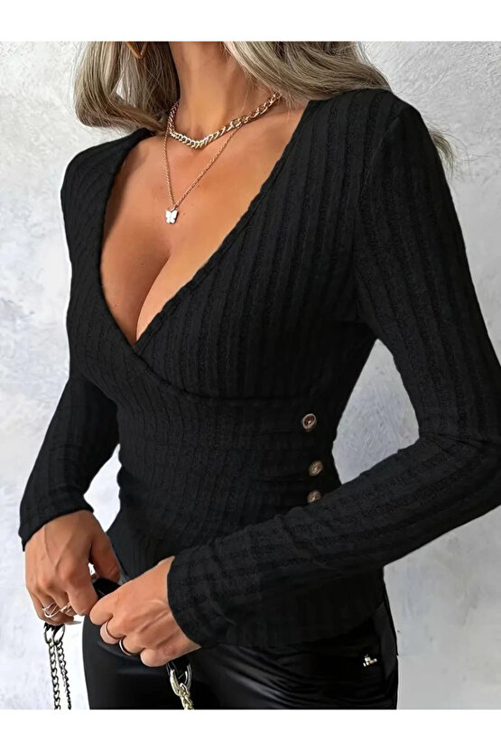 MDB Kadın Uzun Kollu Kruvaze Yaka Yandan Düğme Detaylı şardonlu Kaşkorse Bluz