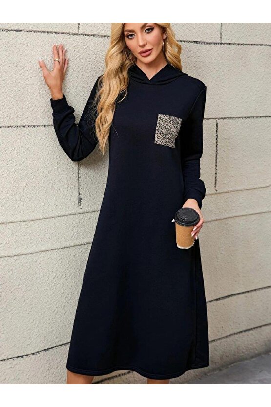 Kadın Uzun Kollu Kapşonlu Cep Detaylı Viskon Iki Iplik Maxi Elbise