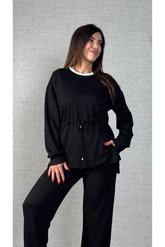 Kadın Uzun Kollu Yaka Ve Büzgü Detay Tunik Ve Pantolon Ikili Takım