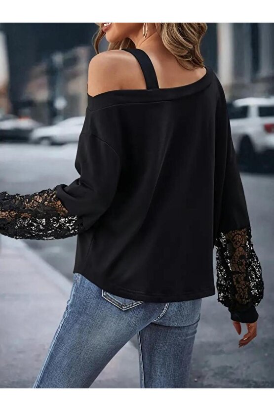 Kadın Uzun Kollu Tek Omuzu Açık Dantelli Viskon Iki Iplik Bluz