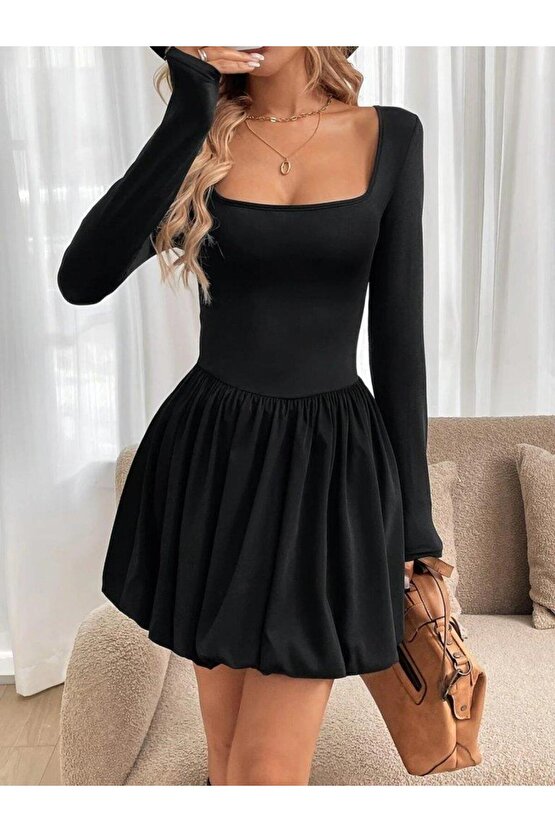 Kadın Uzun Kollu Kare Yaka Mini Balon Modal Elbise