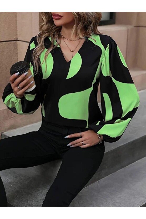 Kadın Uzun Kollu V Yakalı Desenli Modal Bluz