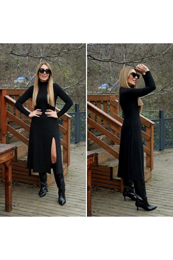 Kadın Uzun Kollu Balıkçı Yaka Derin Yırtmaç Detay Krep Elbise