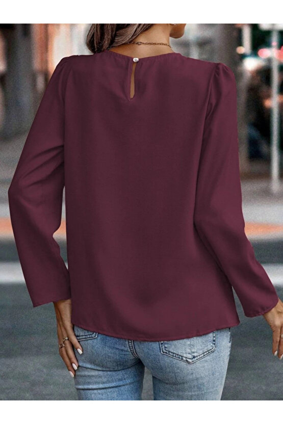 Kadın Uzun Kollu Yuvarlak önden Pileli Ithal Krep Bluz