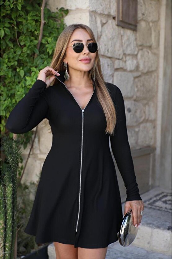 Kadın Uzun Kollu Hakim Yaka Ayarlanabilir Fermuar Dekolteli Mini Elbise