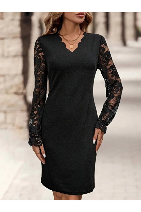 MDB Kadın Uzun Kollu V Lazer Kesim Detaylı Kısa Ithal Krep Elbise