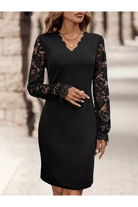 MDB Kadın Uzun Kollu V Lazer Kesim Detaylı Kısa Ithal Krep Elbise