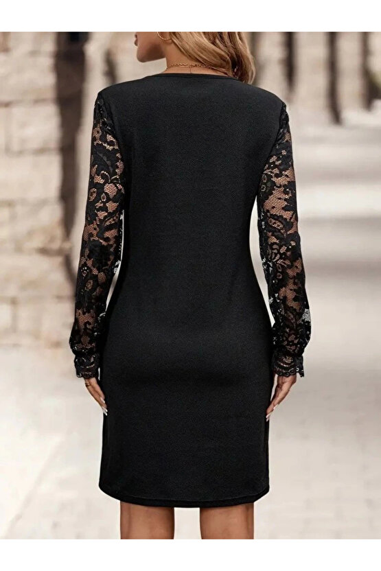 MDB Kadın Uzun Kollu V Lazer Kesim Detaylı Kısa Ithal Krep Elbise