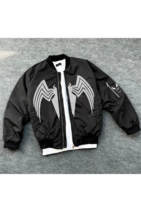 Turega Style Tam Fermuarlı Uzun Kol Baskılı Bomber Ceket - Siyah