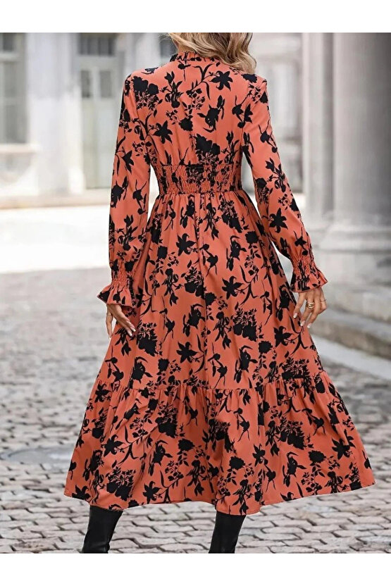 Kadın Uzun Kollu Kruvaze Yakalı çiçek Desenli Maksi Süprem Elbise