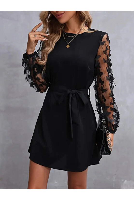 MDB Kadın Uzun Kollu Bisiklet Yaka Kollar Tül Kelebek Detaylı Ithal Krep Elbise