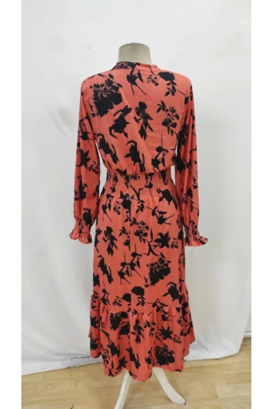 Kadın Uzun Kollu Kruvaze Yakalı çiçek Desenli Maksi Süprem Elbise