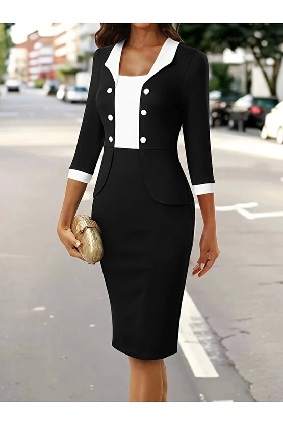 Kadın Truvakar Kol çift Renkli Düğmeli Kısa Ithal Krep Elbise