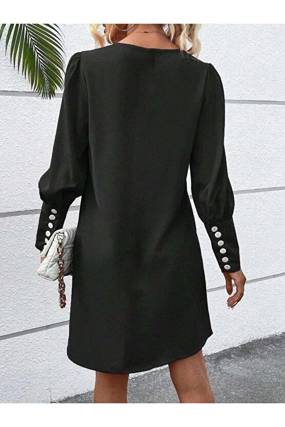Kadın Uzun Kollu V Yakalı Kısa Ithal Krep Elbise