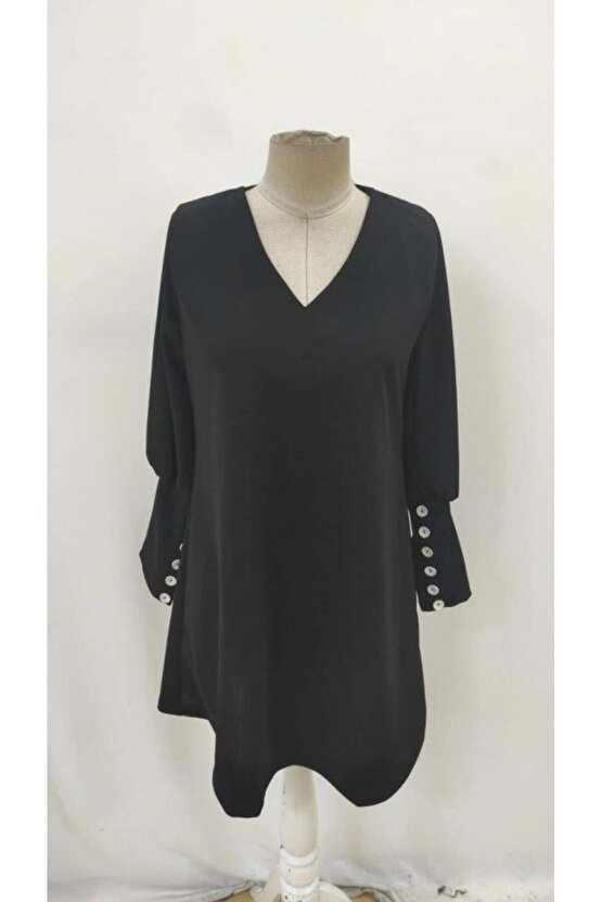 Kadın Uzun Kollu V Yakalı Kısa Ithal Krep Elbise