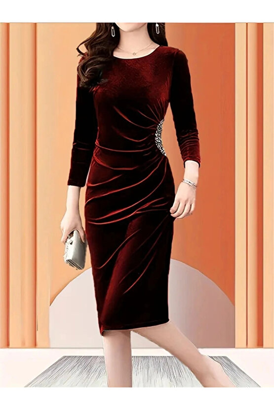 Kadın Uzun Kollu Bot Yaka Yanı Taş Detaylı Midi Kadife Elbise