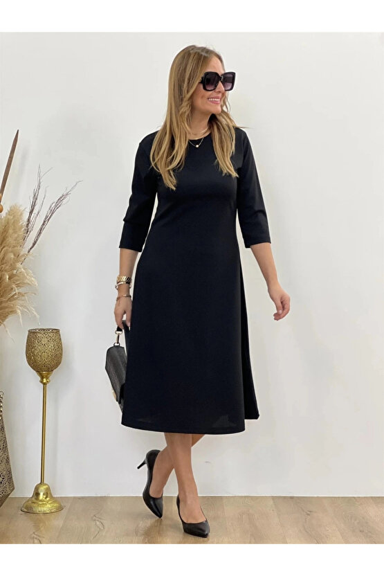 MDB Kadın Uzun Truvakar Kol Bisiklet Yaka Midi Modal Elbise