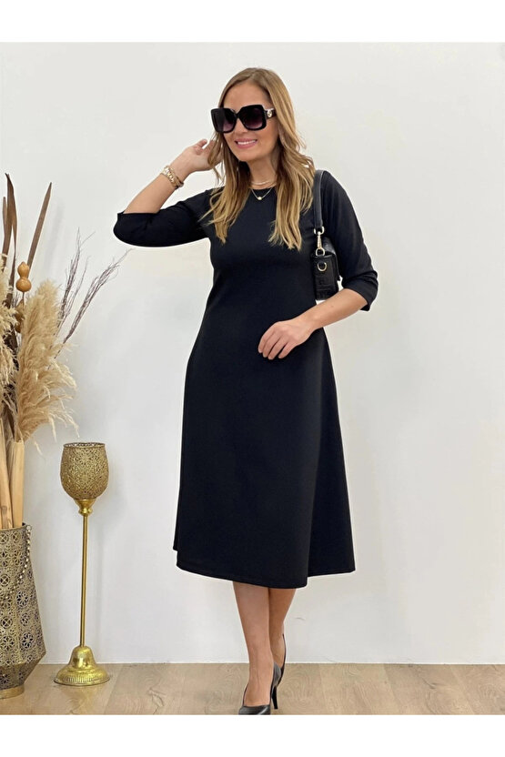 MDB Kadın Uzun Truvakar Kol Bisiklet Yaka Midi Modal Elbise