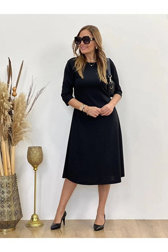 MDB Kadın Uzun Truvakar Kol Bisiklet Yaka Midi Modal Elbise